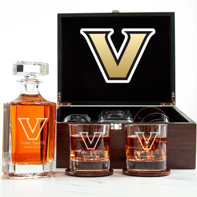 Customized Engraved Dark Brown Wood Box Decanter Set With Rocks Glasses - NCAA Vanderbilt Commodores
