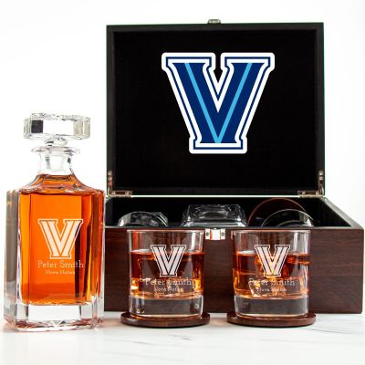 Customized Engraved Dark Brown Wood Box Decanter Set With Rocks Glasses - NCAA Villanova Wildcats