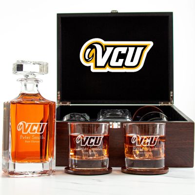 Customized Engraved Dark Brown Wood Box Decanter Set With Rocks Glasses - NCAA VCU Rams