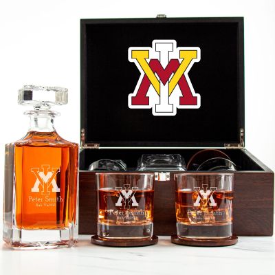 Customized Engraved Dark Brown Wood Box Decanter Set With Rocks Glasses - NCAA VMI Keydets