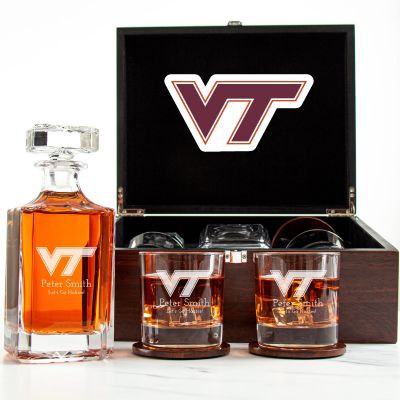 Customized Engraved Dark Brown Wood Box Decanter Set With Rocks Glasses - NCAA Virginia Tech Hokies