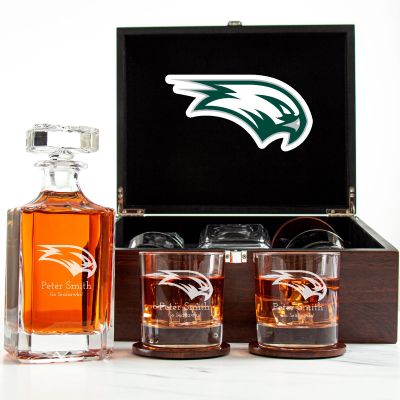 Customized Engraved Dark Brown Wood Box Decanter Set With Rocks Glasses - NCAA Wagner Seahawks