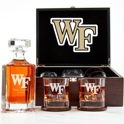 Customized Engraved Dark Brown Wood Box Decanter Set With Rocks Glasses - NCAA Wake Forest Demon Deacons