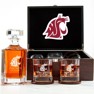 Customized Engraved Dark Brown Wood Box Decanter Set With Rocks Glasses - NCAA Washington State Cougars