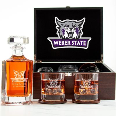 Customized Engraved Dark Brown Wood Box Decanter Set With Rocks Glasses - NCAA Weber State Wildcats
