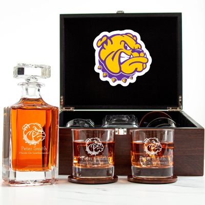 Customized Engraved Dark Brown Wood Box Decanter Set With Rocks Glasses - NCAA Western Illinois Leathernecks