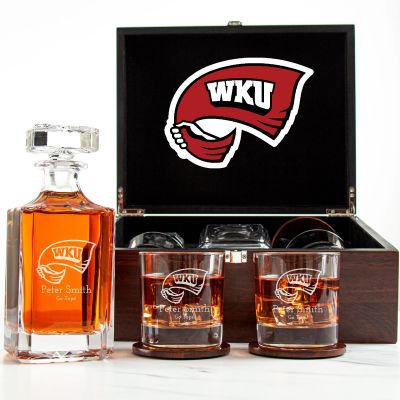 Customized Engraved Dark Brown Wood Box Decanter Set With Rocks Glasses - NCAA Western Kentucky Hilltoppers