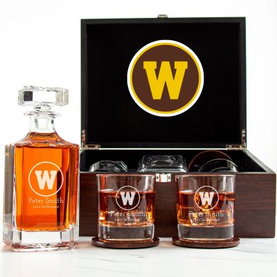 Customized Engraved Dark Brown Wood Box Decanter Set With Rocks Glasses - NCAA Western Michigan Broncos