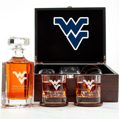 Customized Engraved Dark Brown Wood Box Decanter Set With Rocks Glasses - NCAA West Virginia Mountaineers