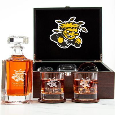Customized Engraved Dark Brown Wood Box Decanter Set With Rocks Glasses - NCAA Wichita State Shockers