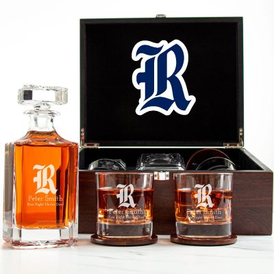 Customized Engraved Dark Brown Wood Box Decanter Set With Rocks Glasses - NCAA Rice Owls