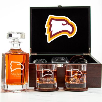 Customized Engraved Dark Brown Wood Box Decanter Set With Rocks Glasses - NCAA Winthrop Eagles