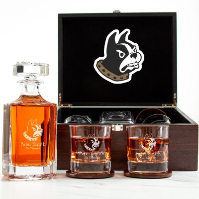 Customized Engraved Dark Brown Wood Box Decanter Set With Rocks Glasses - NCAA Wofford Terriers