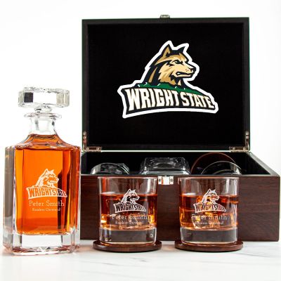 Customized Engraved Dark Brown Wood Box Decanter Set With Rocks Glasses - NCAA Wright State Raiders