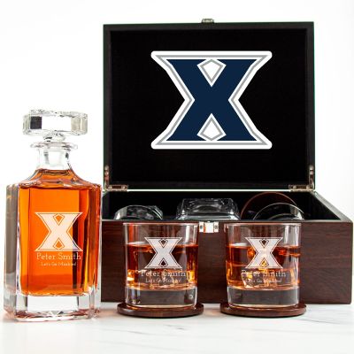 Customized Engraved Dark Brown Wood Box Decanter Set With Rocks Glasses - NCAA Xavier Musketeers