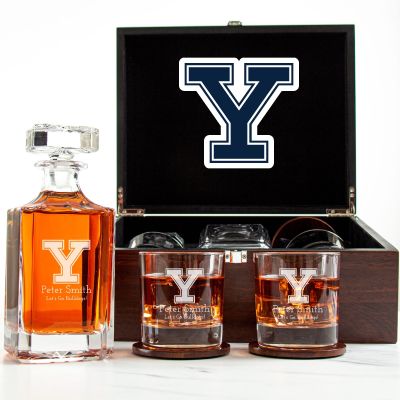 Customized Engraved Dark Brown Wood Box Decanter Set With Rocks Glasses - NCAA Yale Bulldogs