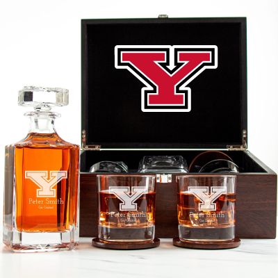 Customized Engraved Dark Brown Wood Box Decanter Set With Rocks Glasses - NCAA Youngstown State Penguins