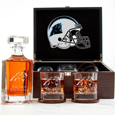 Customized Engraved Dark Brown Wood Box Decanter Set With Rocks Glasses - NFL Carolina Panthers