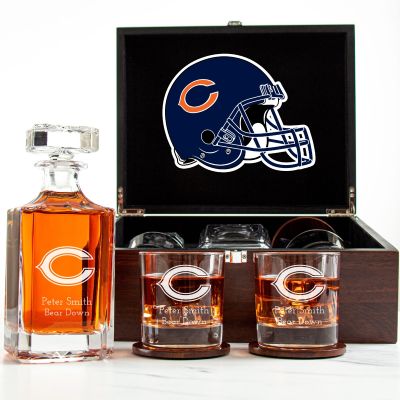 Customized Engraved Dark Brown Wood Box Decanter Set With Rocks Glasses - NFL Chicago Bears