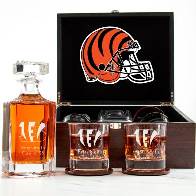 Customized Engraved Dark Brown Wood Box Decanter Set With Rocks Glasses - NFL Cincinnati Bengals