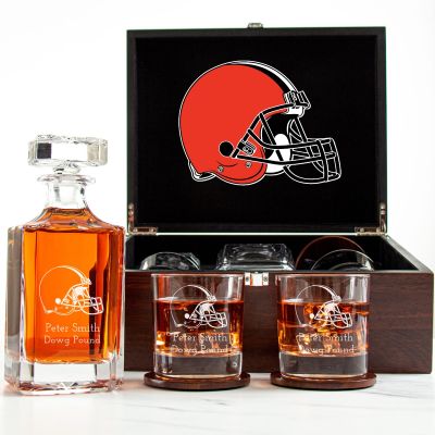 Customized Engraved Dark Brown Wood Box Decanter Set With Rocks Glasses - NFL Cleveland Browns