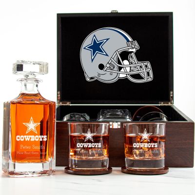 Customized Engraved Dark Brown Wood Box Decanter Set With Rocks Glasses - NFL Dallas Cowboys