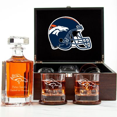 Customized Engraved Dark Brown Wood Box Decanter Set With Rocks Glasses - NFL Denver Broncos