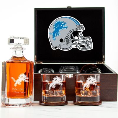 Customized Engraved Dark Brown Wood Box Decanter Set With Rocks Glasses - NFL Detroit Lions