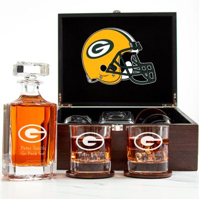 Customized Engraved Dark Brown Wood Box Decanter Set With Rocks Glasses - NFL Green Bay Packers