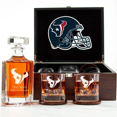 Customized Engraved Dark Brown Wood Box Decanter Set With Rocks Glasses - NFL Houston Texans