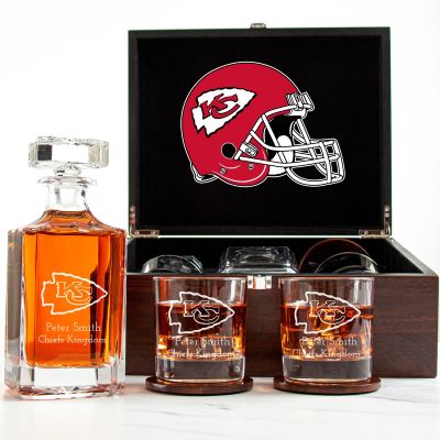 Customized Engraved Dark Brown Wood Box Decanter Set With Rocks Glasses - NFL Kansas City Chiefs