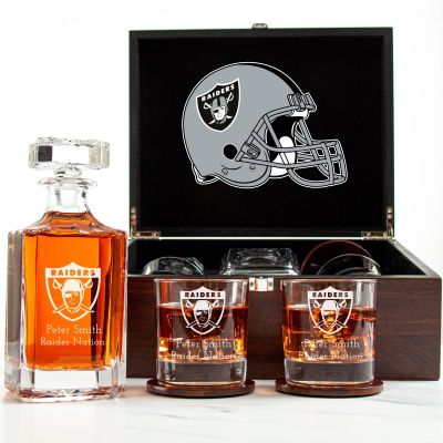 Customized Engraved Dark Brown Wood Box Decanter Set With Rocks Glasses - NFL Las Vegas Raiders
