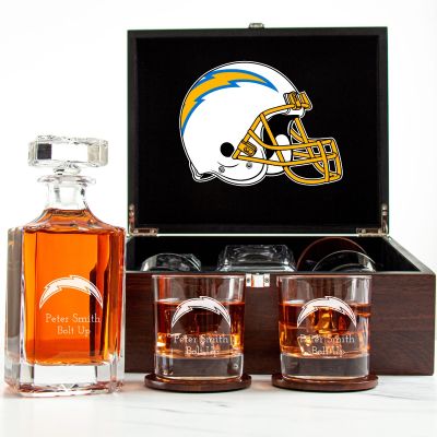 Customized Engraved Dark Brown Wood Box Decanter Set With Rocks Glasses - NFL Los Angeles Chargers
