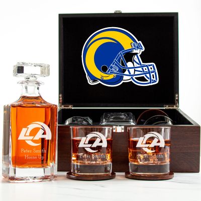 Customized Engraved Dark Brown Wood Box Decanter Set With Rocks Glasses - NFL Los Angeles Rams
