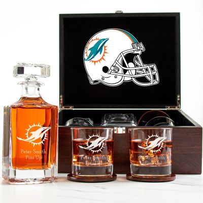 Customized Engraved Dark Brown Wood Box Decanter Set With Rocks Glasses - NFL Miami Dolphins