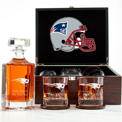 Customized Engraved Dark Brown Wood Box Decanter Set With Rocks Glasses - NFL New England Patriots