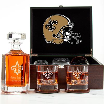 Customized Engraved Dark Brown Wood Box Decanter Set With Rocks Glasses - NFL New Orleans Saints