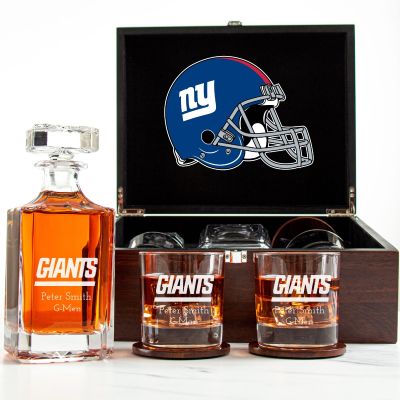 Customized Engraved Dark Brown Wood Box Decanter Set With Rocks Glasses - NFL New York Giants