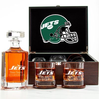 Customized Engraved Dark Brown Wood Box Decanter Set With Rocks Glasses - NFL New York Jets