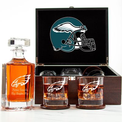Customized Engraved Dark Brown Wood Box Decanter Set With Rocks Glasses - NFL Philadelphia Eagles