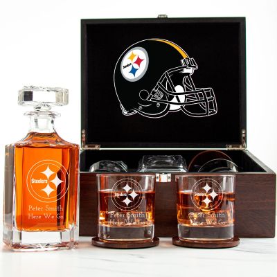 Customized Engraved Dark Brown Wood Box Decanter Set With Rocks Glasses - NFL Pittsburgh Steelers