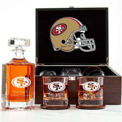 Customized Engraved Dark Brown Wood Box Decanter Set With Rocks Glasses - NFL San Francisco 49ers