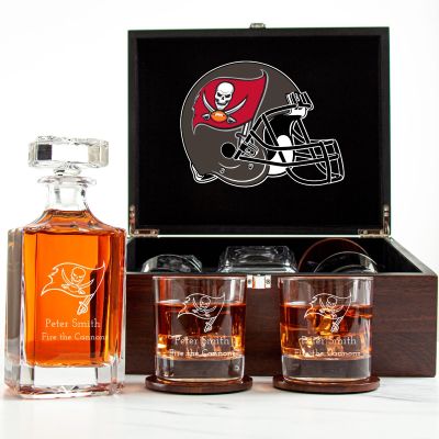 Customized Engraved Dark Brown Wood Box Decanter Set With Rocks Glasses - NFL Tampa Bay Buccaneers