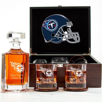 Customized Engraved Dark Brown Wood Box Decanter Set With Rocks Glasses - NFL Tennessee Titans