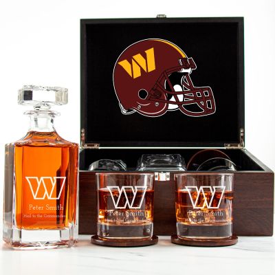 Customized Engraved Dark Brown Wood Box Decanter Set With Rocks Glasses - NFL Washington Commanders