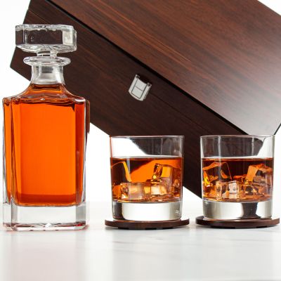 Dark Brown Wood Box Decanter Set With 2 Rocks Glasses