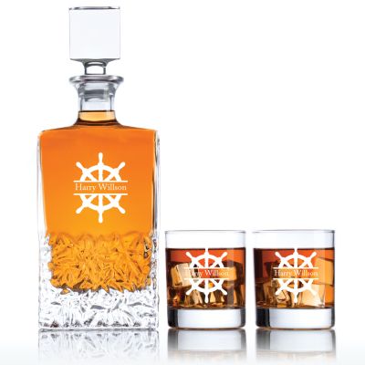 Engraved Sail Wheel - Personalized Excalibur Decanter Set with Old Fashion Whiskey Glasses