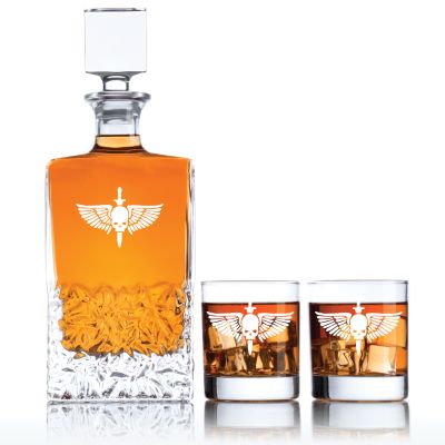 Engraved Wing Skull Dagger - Personalized Excalibur Decanter Set with Old Fashioned Whiskey Glasses