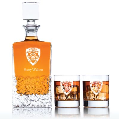 Engraved NYPD Emblem - Personalized Excalibur Decanter Set with Old Fashioned Whiskey Glasses