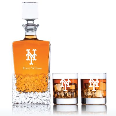 Engraved NY Mets - Personalized Excalibur Decanter Set with Old Fashioned Whiskey Glasses